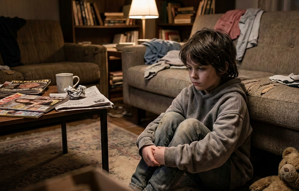 Quiet childhood moment in a cozy living room Child sitting on a rug beside a stuffed bear in a living room